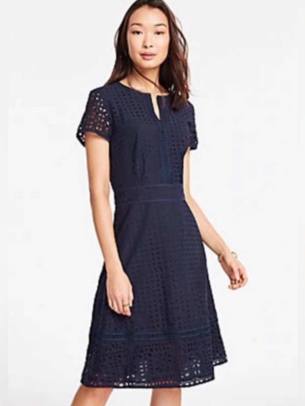 Ann Taylor Mixed Eyelet Flare Dress Cutout Details 0 Navy Wedding Work Event - Picture 7 of 14